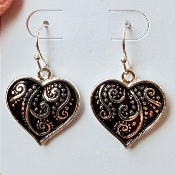 Y2K Vintage Bali Silver Tone Heart Filigree Dangle Earrings 1-1/8" Nickel Free - Picture 4 of 8